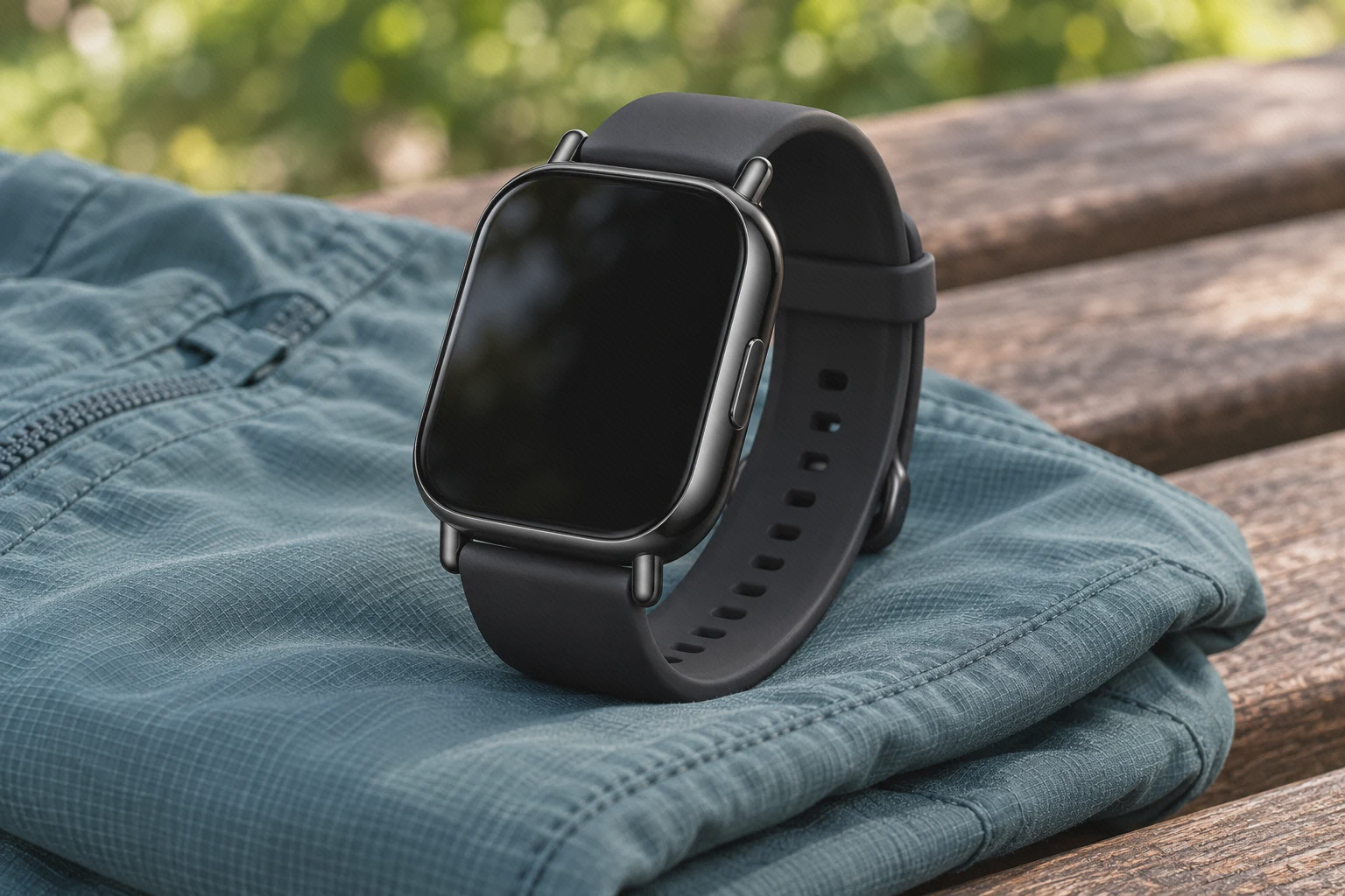 تصویرسازی ساعت مشکی Redmi Watch 5 Lite روی لباس ورزشی کنار مسیر پیاده‌روی