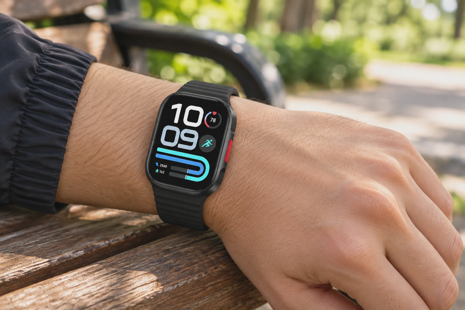 تصویرسازی Redmi Watch 6 Lite مشکی روی مچ، با بند موج‌دار و دکمهٔ جانبی قرمز