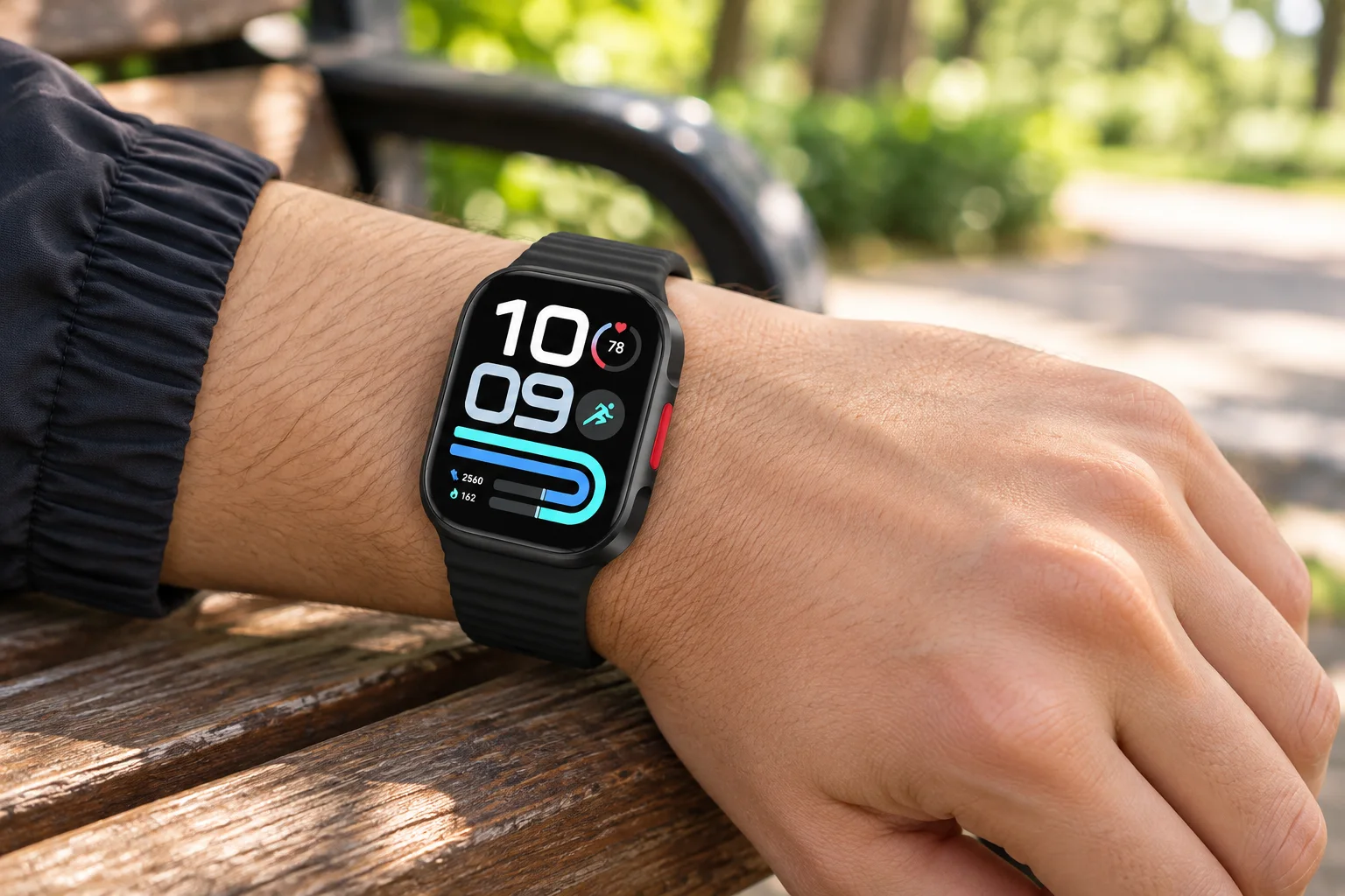 تصویرسازی Redmi Watch 6 Lite مشکی روی مچ، با بند موج‌دار و دکمهٔ جانبی قرمز