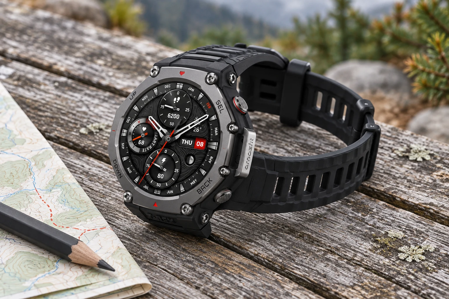 ساعت Amazfit T-Rex 3 با بند مشکی روی نیمکت چوبی کنار نقشهٔ کاغذی و مداد