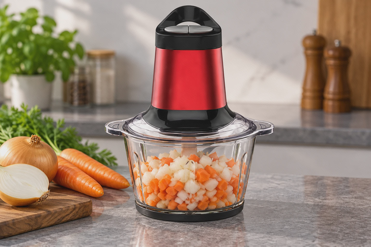 خردکن قرمز و مشکی Liven JRJ-GW300 با درپوش و موتور بسته، ظرف دو دسته و مواد خردشدهٔ هویج و پیاز