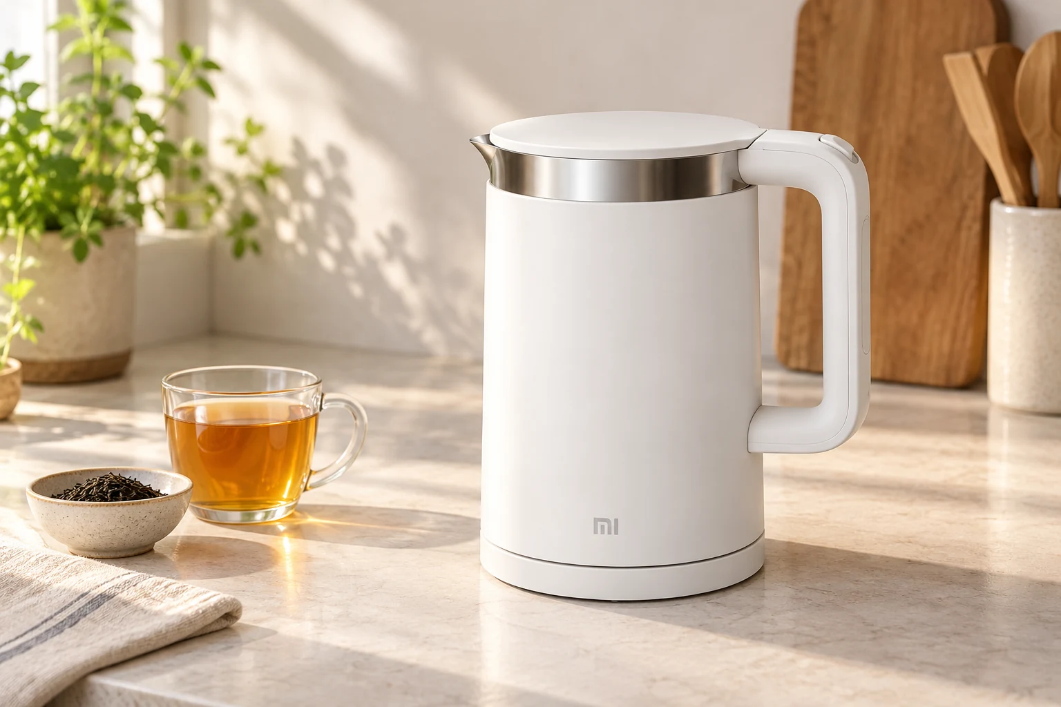 کتری هوشمند شیائومی Mi Smart Kettle Pro کنار چای کتری سفید Mi Smart Kettle Pro روی پایه کنار لیوان چای و ظرف چای خشک