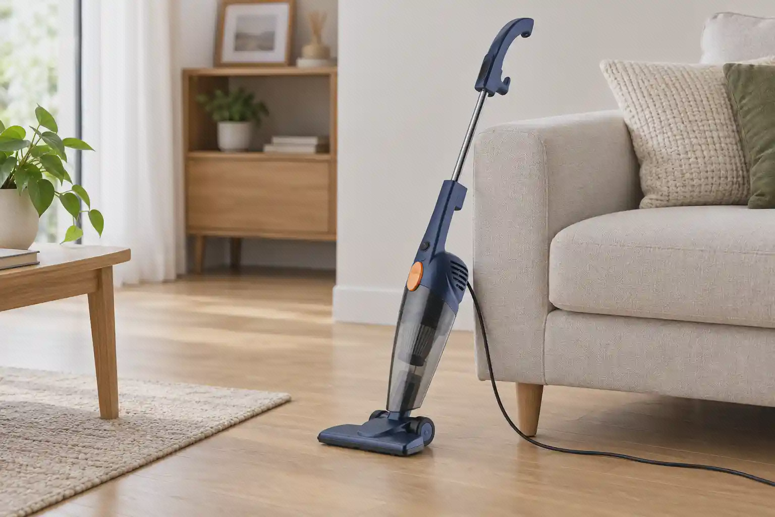 تصویرسازی جاروبرقی سیم‌دار Deerma DX115 Pro سرمه‌ای کنار مبل