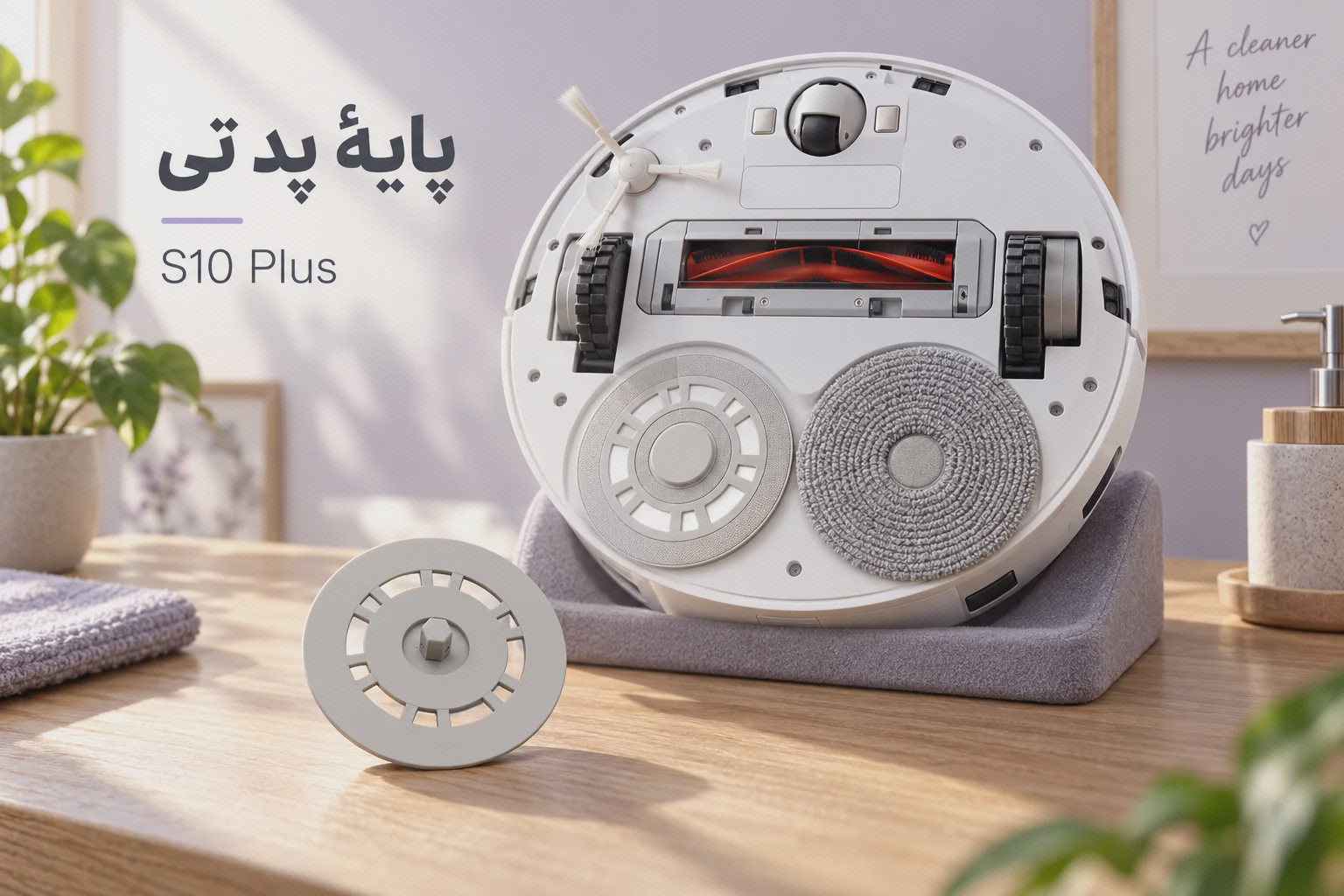 پایهٔ گرد پد تی S10 Plus کنار جارو سفید شیائومی و نمای اتصال در زیر دستگاه