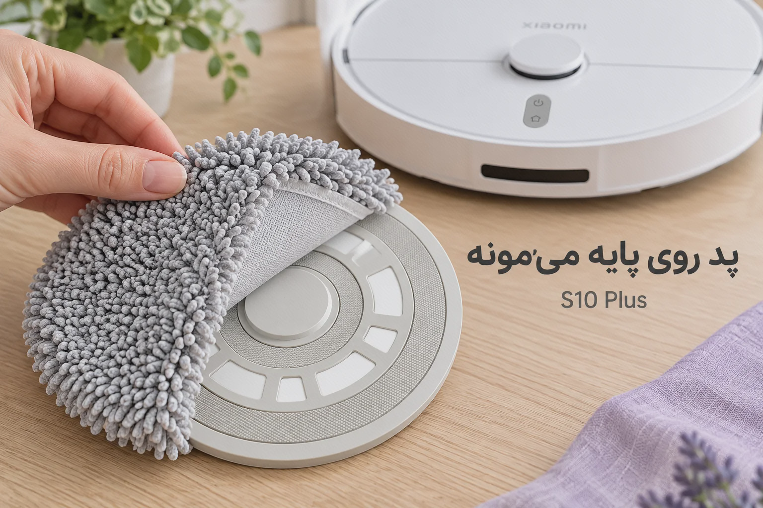 نمای پارچهٔ تی کنارزده‌شده و سطح نگهدارندهٔ گرد S10 Plus در کنار جارو شیائومی