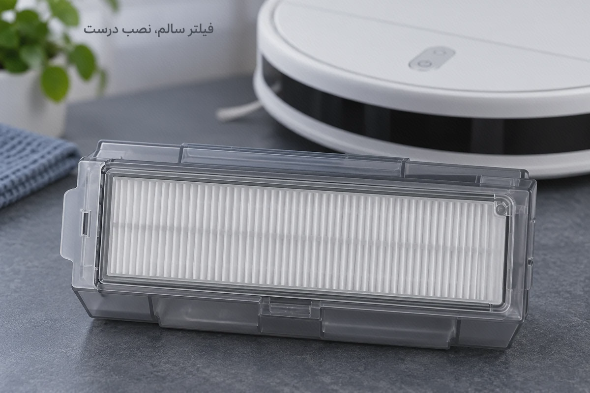 جزئیات چینها و نشستن فیلتر Mop Essential در قاب مخزن نمای نزدیک چینهای سفید و زبانهٔ فیلتر Mop Essential در قاب مخزن، با جارو شیائومی در پسزمینه