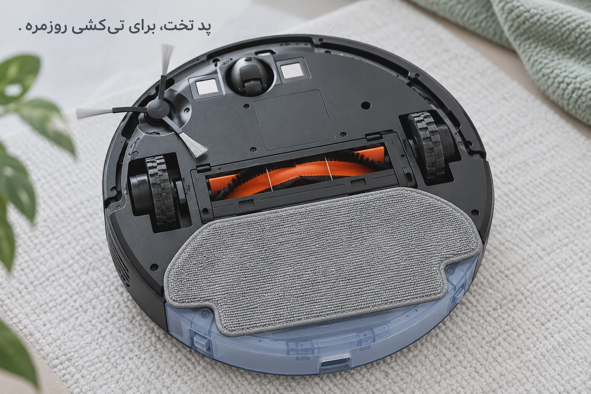 پد تی تخت خاکستری نصب‌شده در بخش عقبِ زیر جارو S20 مشکی، پشت برس نارنجی و مشکی