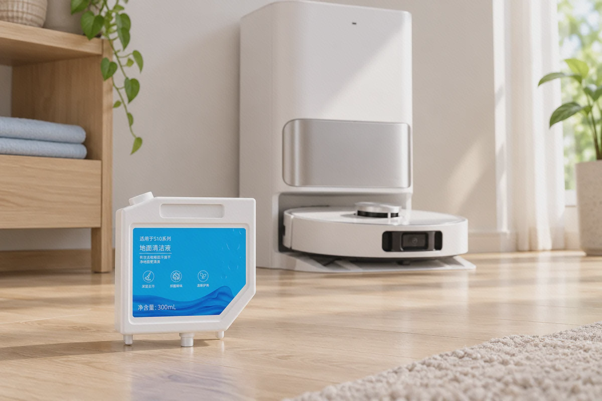 محلول شستوشوی ۳۰۰ میلیلیتری مخصوص Dreame L10s Ultra کارتریج سفید محلول شستوشوی ۳۰۰ میلیلیتری با برچسب آبی کنار جارو و ایستگاه Dreame L10s Ultra