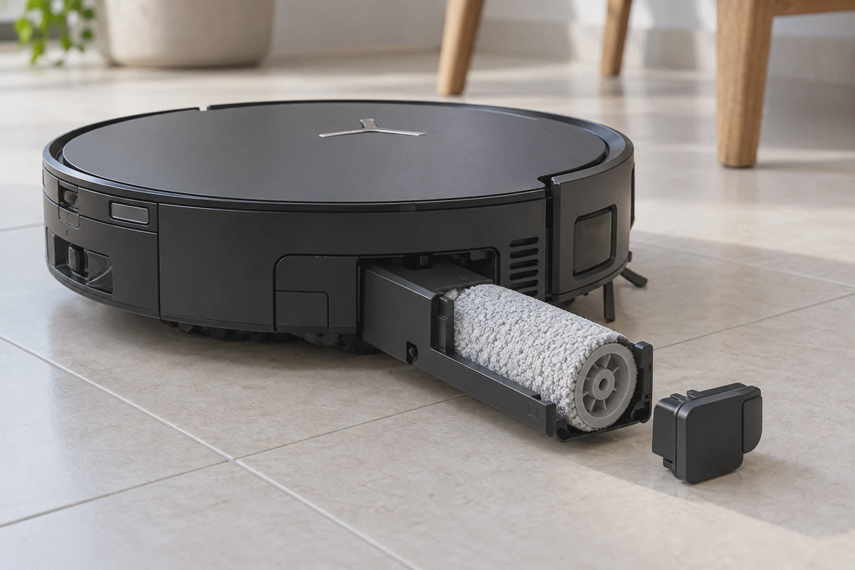 جایگاه پد تی غلتکی ECOVACS X8 Pro Omni غلتک پارچهای سفید X8 Pro Omni در مجموعهٔ بازشدهٔ تی، با دهانهٔ اتصال خاکستری