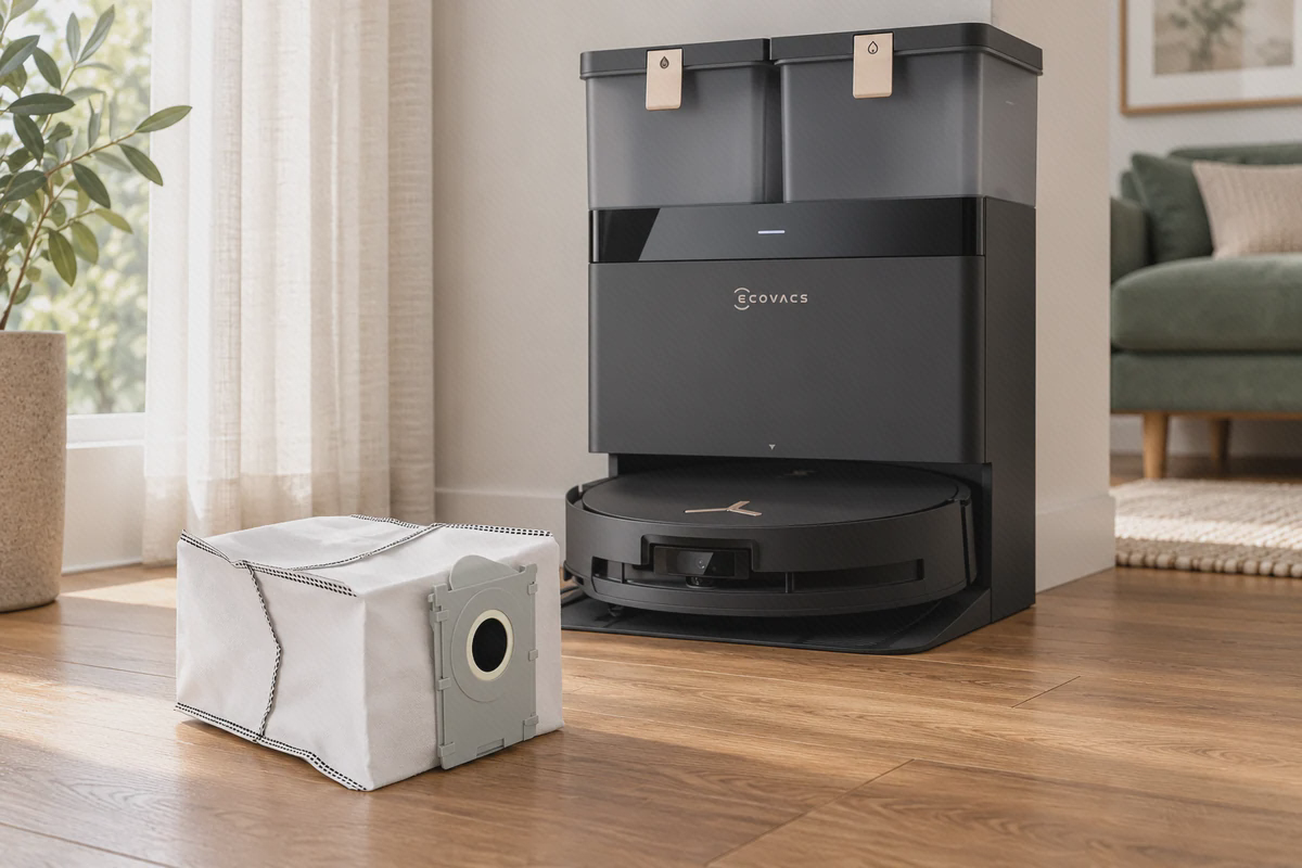 کیسه زباله ECOVACS X8 Pro Omni کنار ایستگاه کیسه زباله سفید X8 Pro Omni با دوخت تیره و صفحهٔ خاکستری، کنار جارو و ایستگاه اکووکس