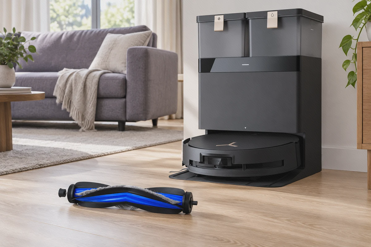 برس مرکزی ECOVACS X8 Pro Omni کنار دستگاه برس اصلی آبی و مشکی X8 Pro Omni کنار جارو رباتیک و ایستگاه اکووکس