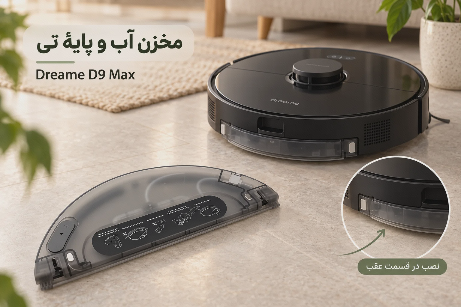 مخزن آب و پایهٔ تی D9 Max کنار جارو مشکی دریم و نمای نصب در پشت دستگاه