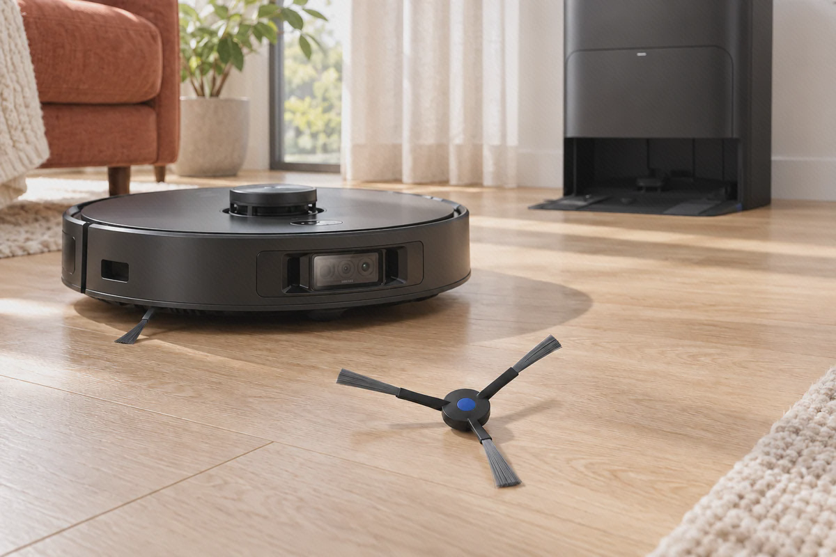 برس کناری ECOVACS T30s Pro کنار دستگاه برس کناری سهشاخه با مرکز آبی و رشتههای خاکستری، کنار جارو و ایستگاه مشکی اکووکس T30s Pro