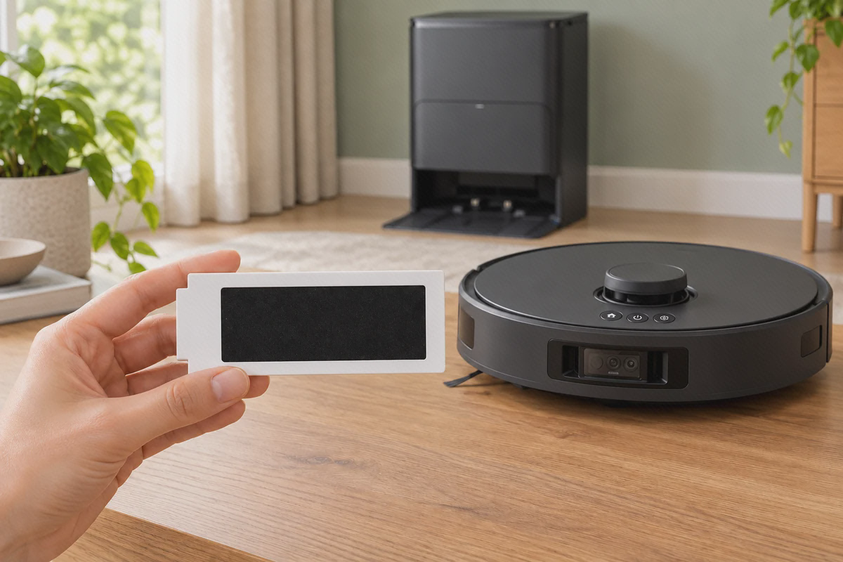 فیلتر مخزن ECOVACS T30s Pro کنار دستگاه فیلتر با قاب سفید، سطح مشکی و زبانهٔ کناری در دست، کنار جارو رباتیک مشکی اکووکس T30s Pro
