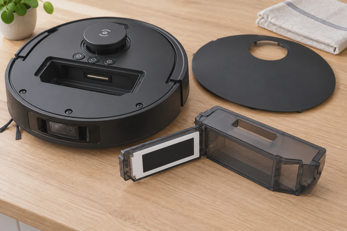 محل فیلتر مخزن زباله ECOVACS T30s Pro فیلتر مشکی با قاب سفید در نگهدارندهٔ بازشدهٔ مخزن زباله، کنار جارو اکووکس T30s Pro با درپوش برداشتهشده