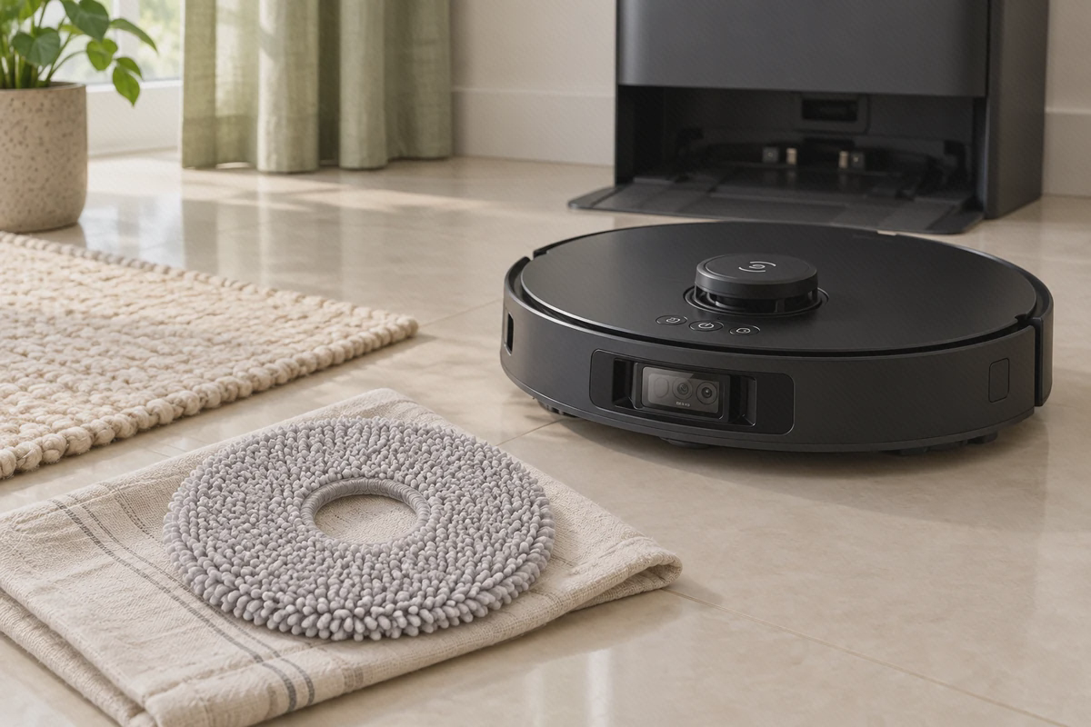 پد تی ECOVACS T30s Pro کنار دستگاه پد تی حلقهای خاکستری با دهانهٔ باز وسط، روی پارچه کنار جارو و ایستگاه مشکی اکووکس T30s Pro