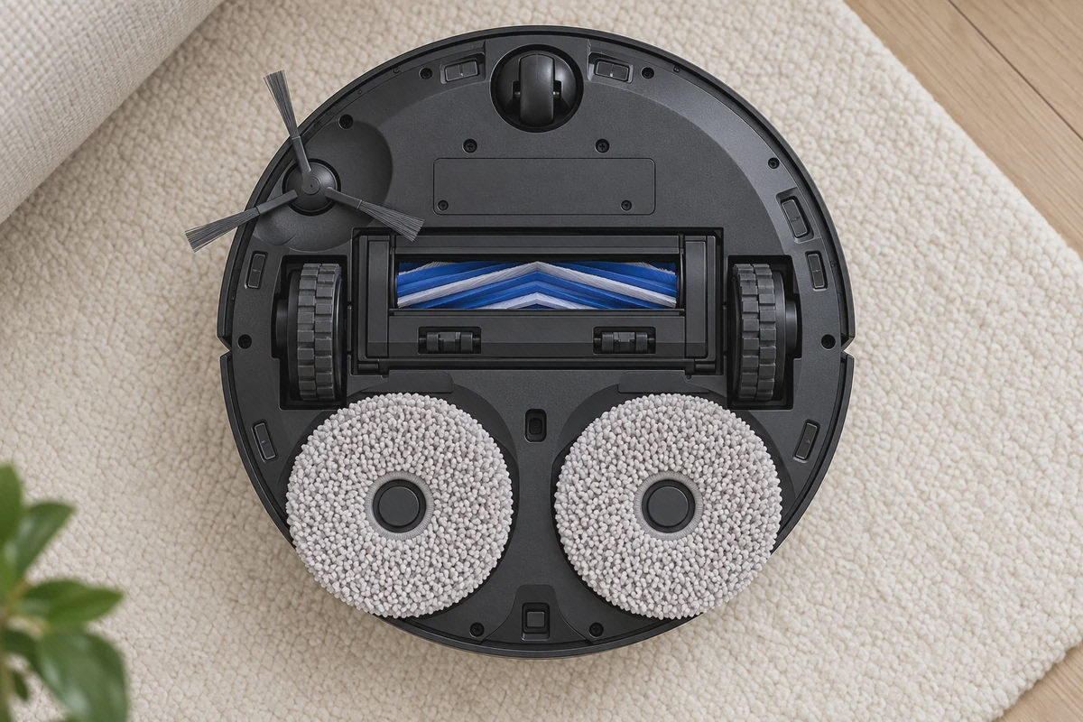 محل نصب پدهای تی ECOVACS T30s Pro دو پد تی حلقهای خاکستری روی صفحههای گرد عقب جارو اکووکس T30s Pro، با برس اصلی و برس کناری در بخش جلویی