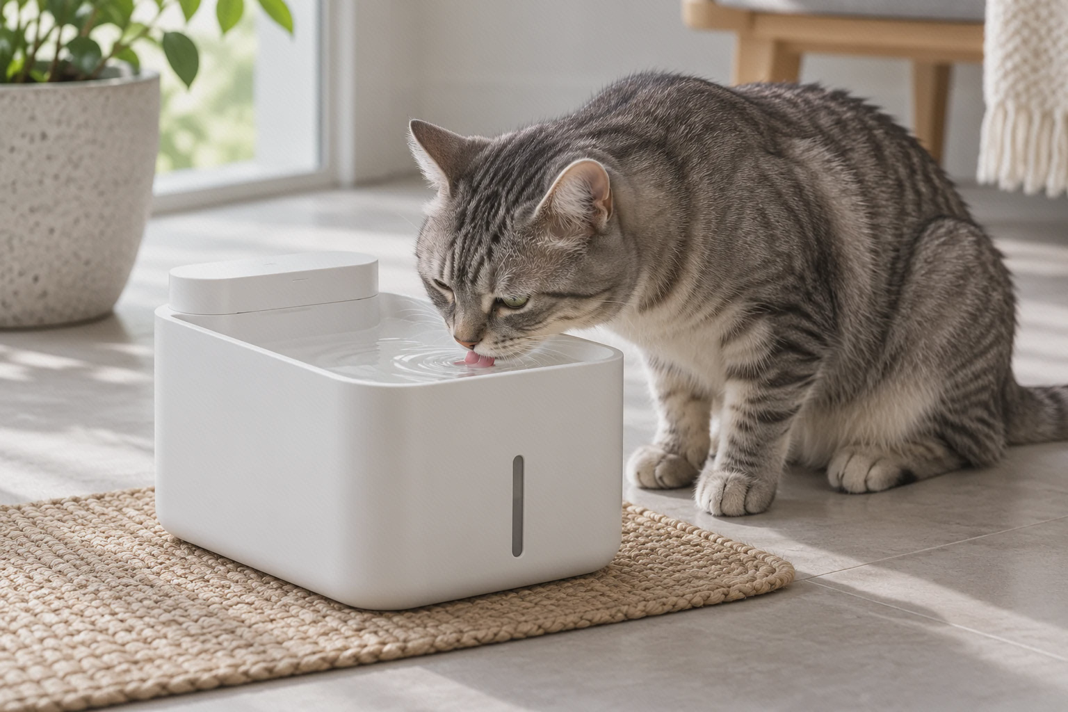 آبخوری Smart Pet Fountain 2 هنگام استفادهٔ گربه گربه در حال نوشیدن آب از آبخوری سفید شیائومی Smart Pet Fountain 2