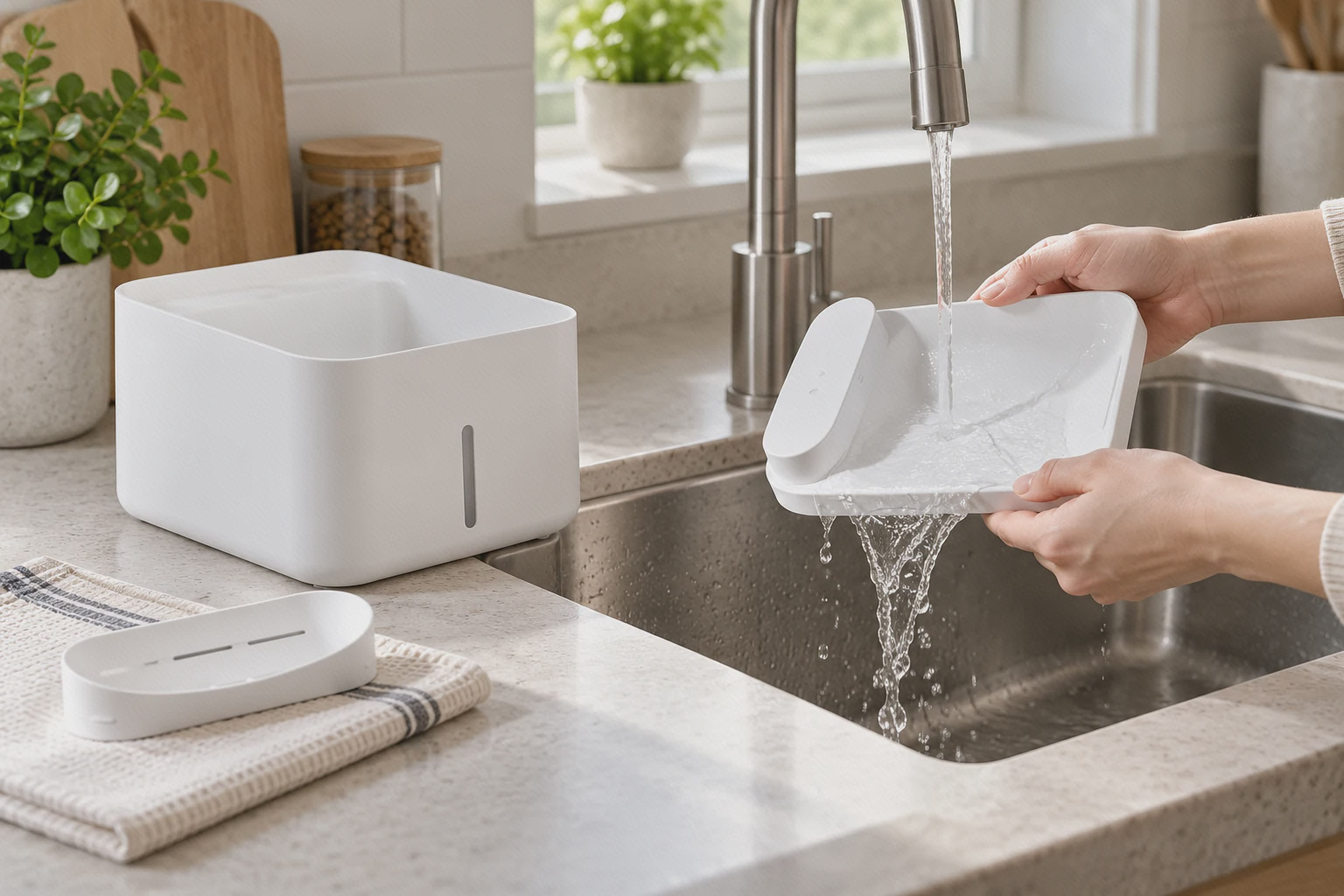 تمیزکردن سینی جداشدنی آبخوری Smart Pet Fountain 2 شستوشوی سینی جداشدهٔ آبخوری شیائومی کنار مخزن خشک روی پیشخوان