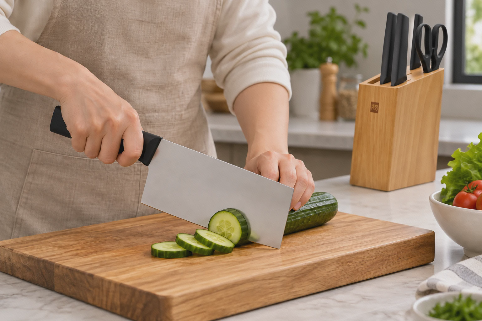 برش خیار با چاقوی پهن ست هوهو HU0057 روی تخته