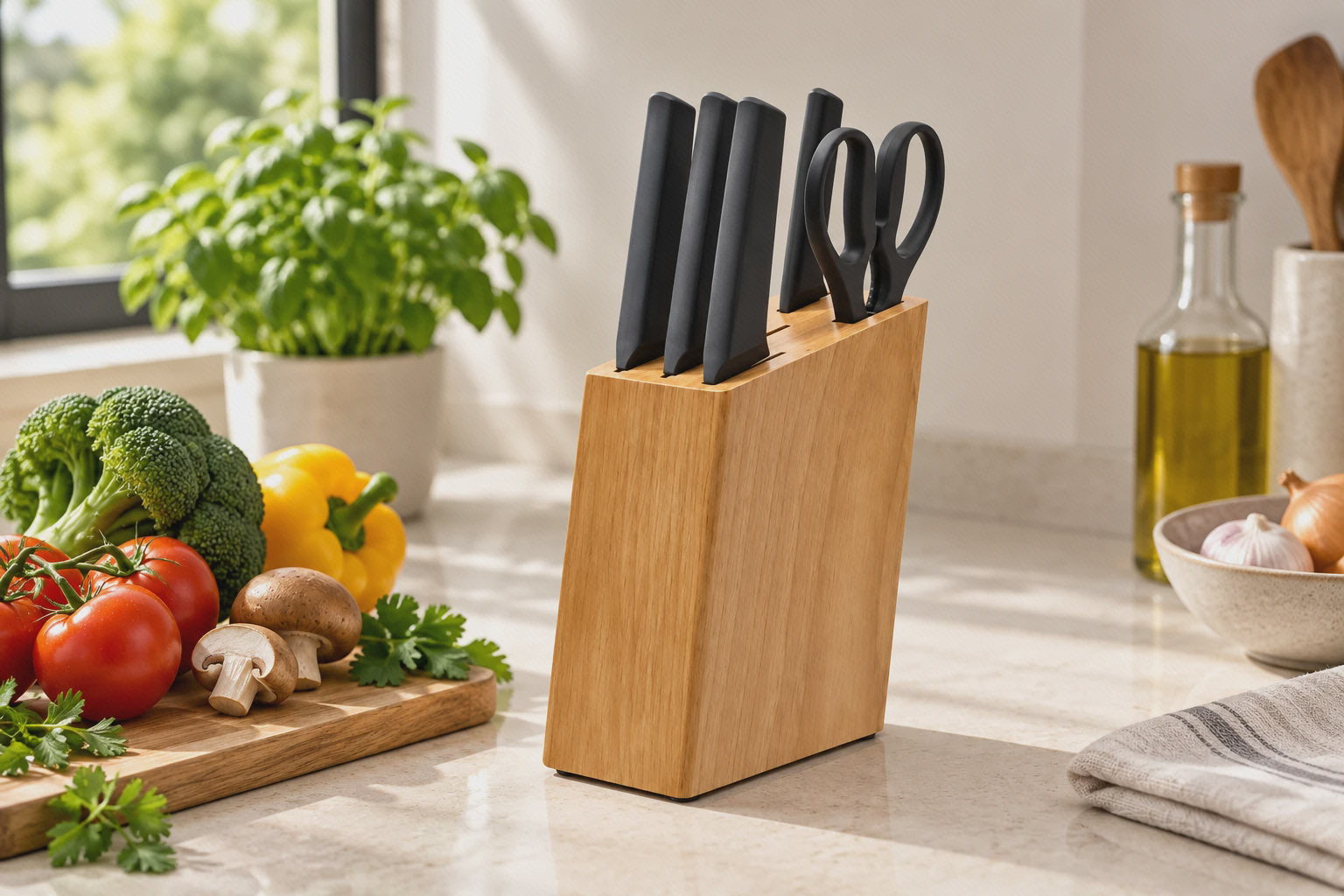 چهار چاقو و یک قیچی HuoHou HU0057 داخل پایهٔ چوبی روی پیشخوان