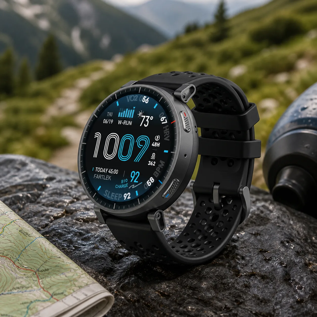 نمای ورزشی ساعت Amazfit Active Max ساعت هوشمند Amazfit Active Max مشکی با بند مشبک کنار مسیر کوهستانی