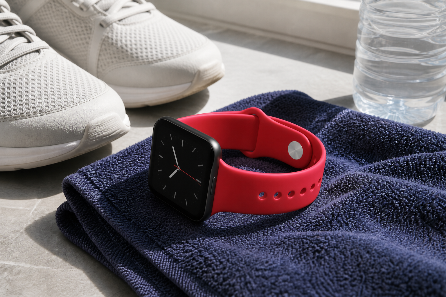 بند قرمز 20 میلیمتری نصبشده روی Amazfit Bip 3 کنار کفش و حوله ورزشی