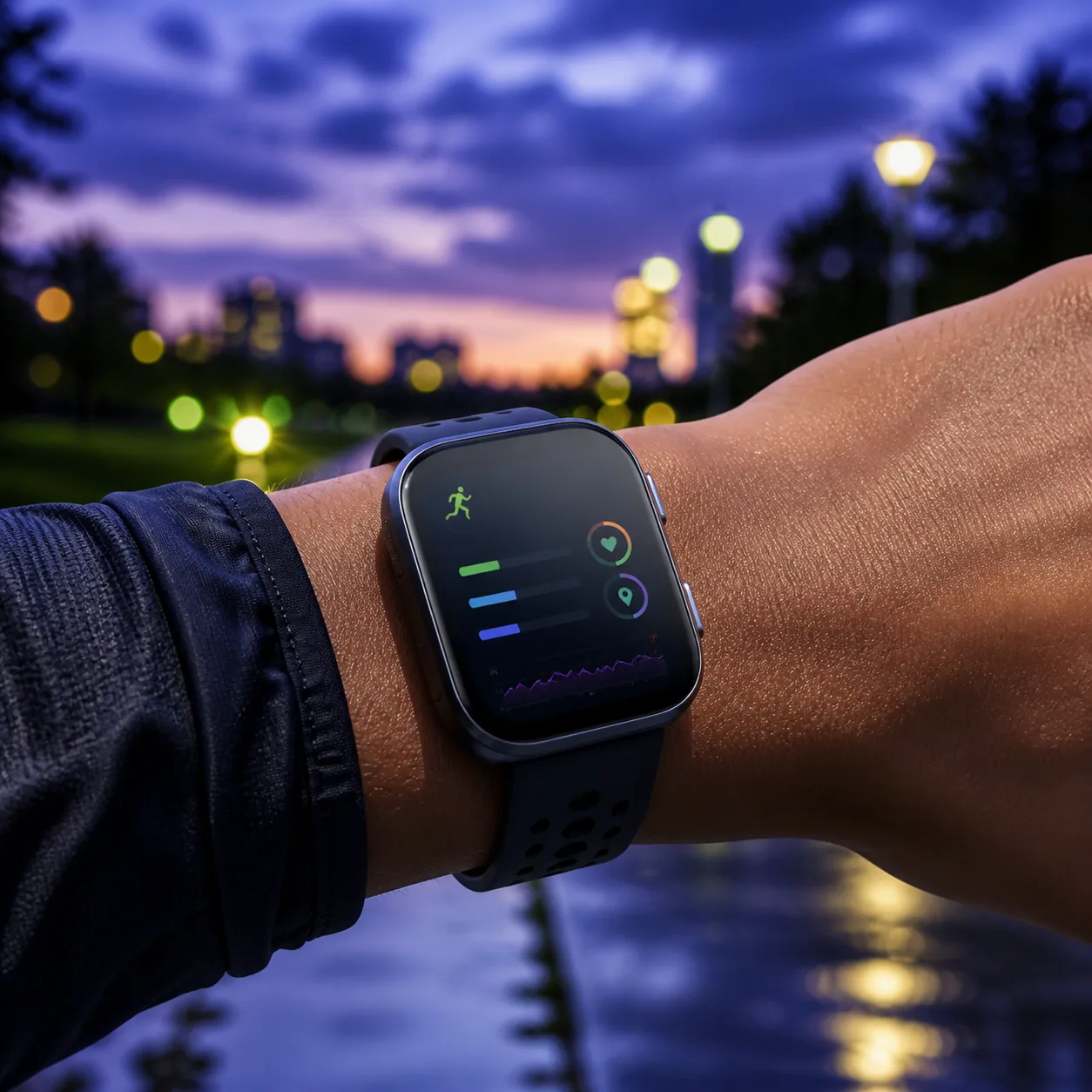 ساعت Amazfit Bip 6 مشکی روی مچ دونده در فضای باز هنگام غروب