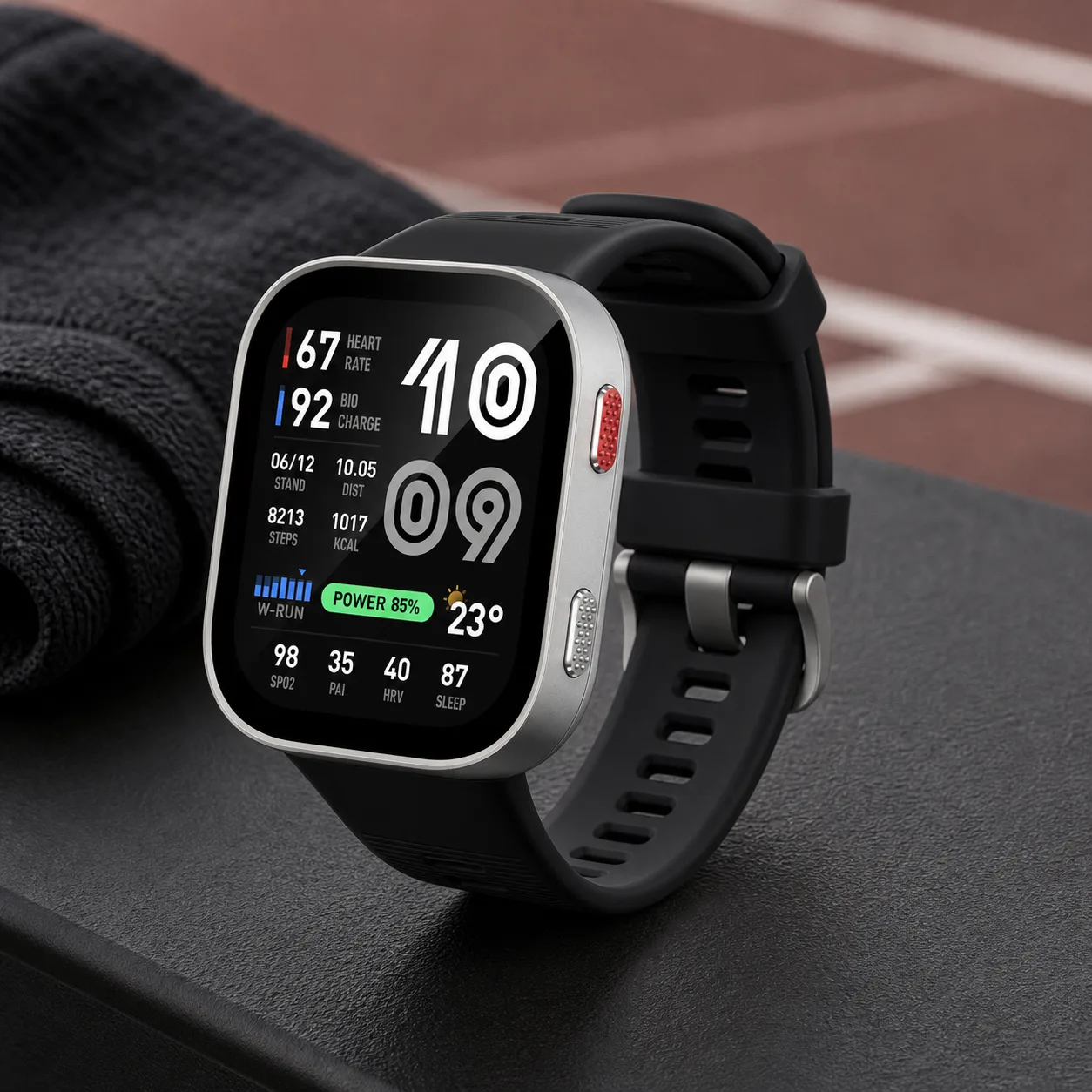 نمای نزدیک ساعت هوشمند Amazfit Bip Max ساعت هوشمند Amazfit Bip Max با قاب نقرهای و بند مشکی روی نیمکت تمرین