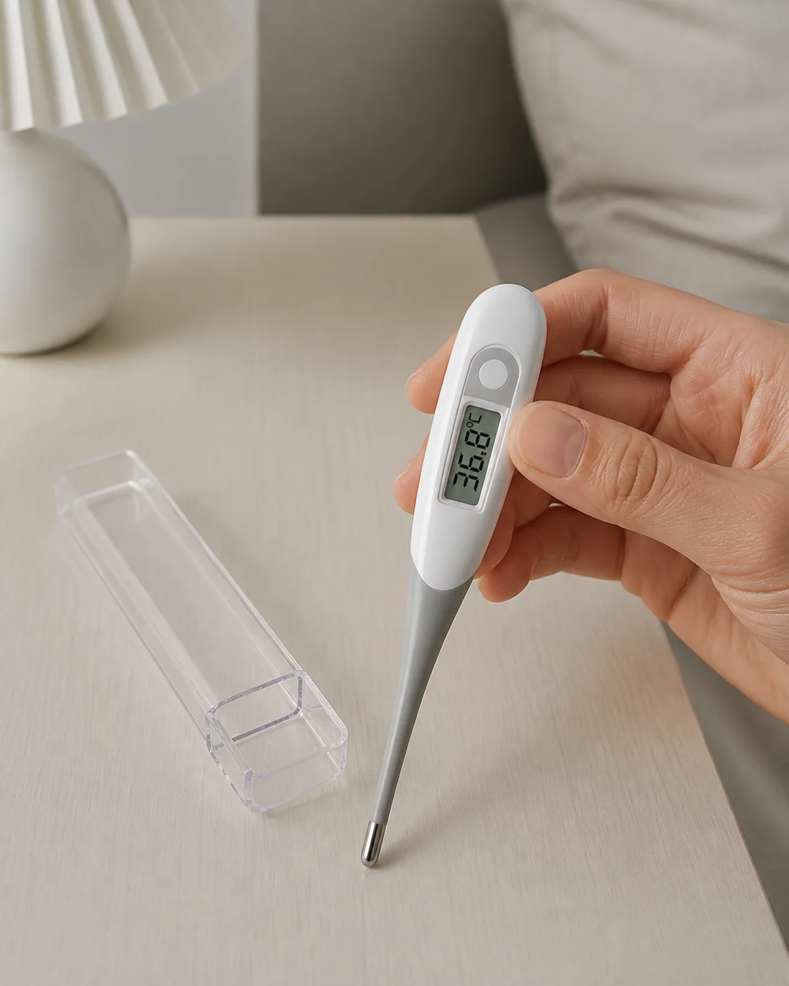 تب‌سنج دیجیتال تماسی Andon DT-111B سفید و خاکستری در دست کنار قاب شفاف