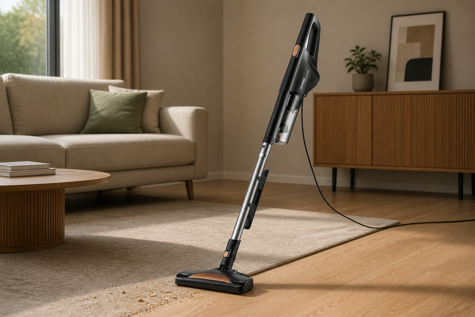 جارو برقی سیمی Deerma DX600 مشکی با جزئیات مسی در حال نظافت مرز فرش و کف چوبی