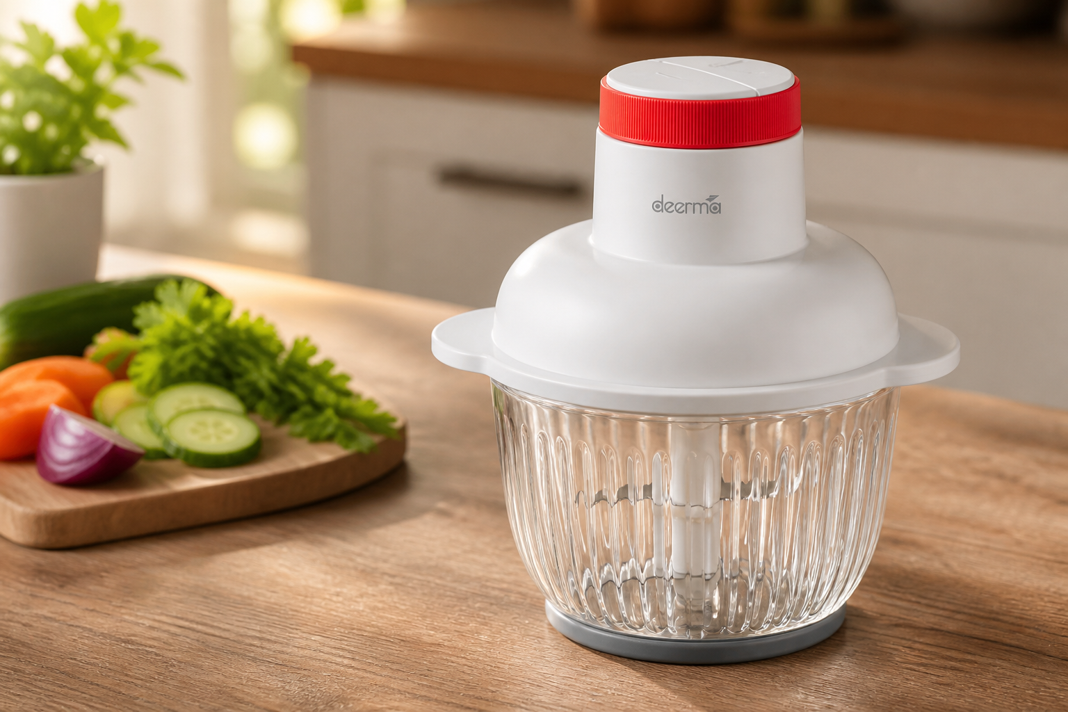 غذاساز Deerma JR10W سفید و قرمز با کاسه شیشه‌ای شیاردار روی میز آشپزخانه