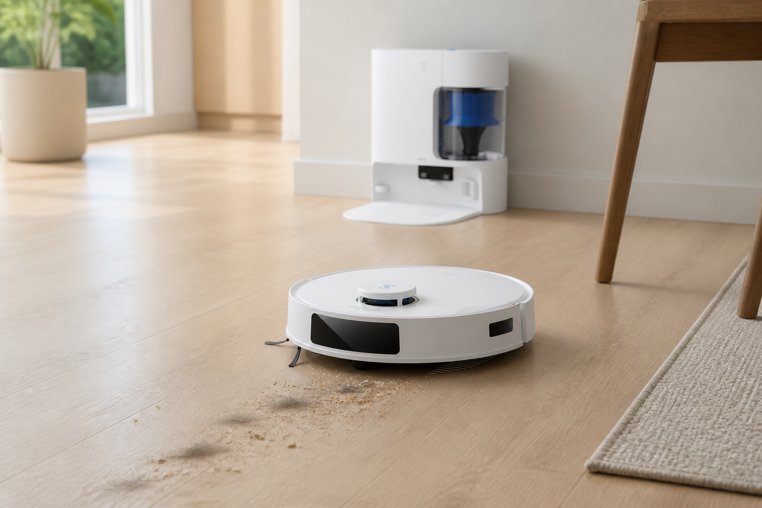 جارو رباتیک سفید Ecovacs N20 Pro Plus در حال جمع‌کردن مو و خرده‌ریز با ایستگاه PureCyclone در پس‌زمینه
