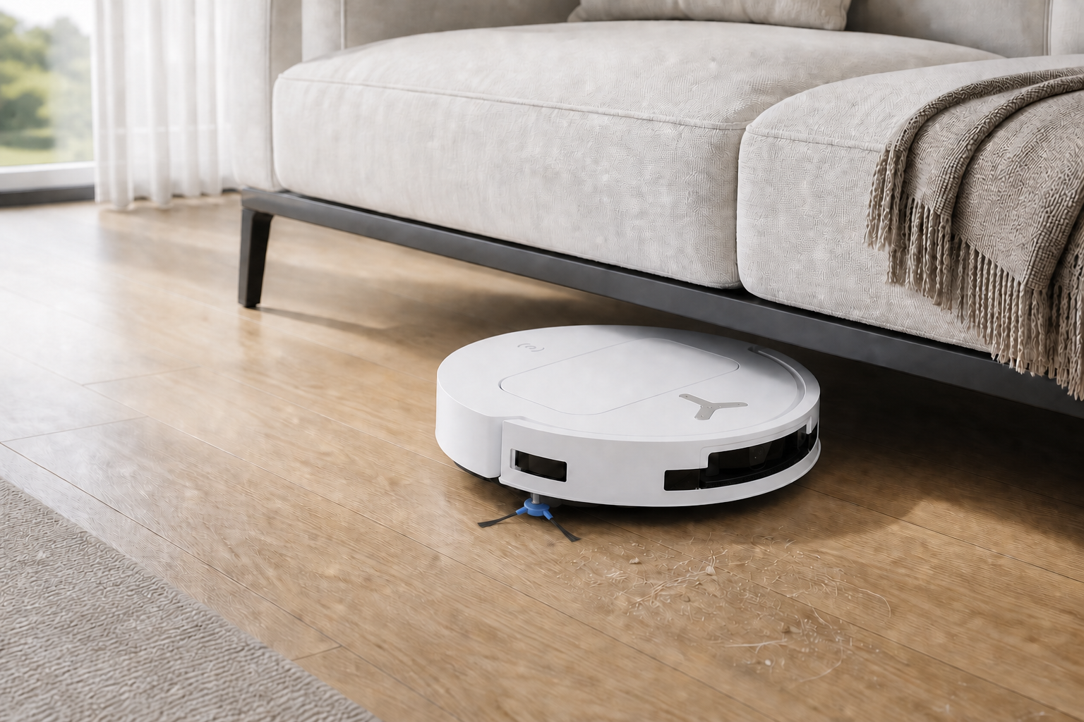 جارو رباتیک سفید Ecovacs T50 Pro Omni با بدنه باریک در حال جمع‌کردن مو و گردوغبار زیر مبل کوتاه