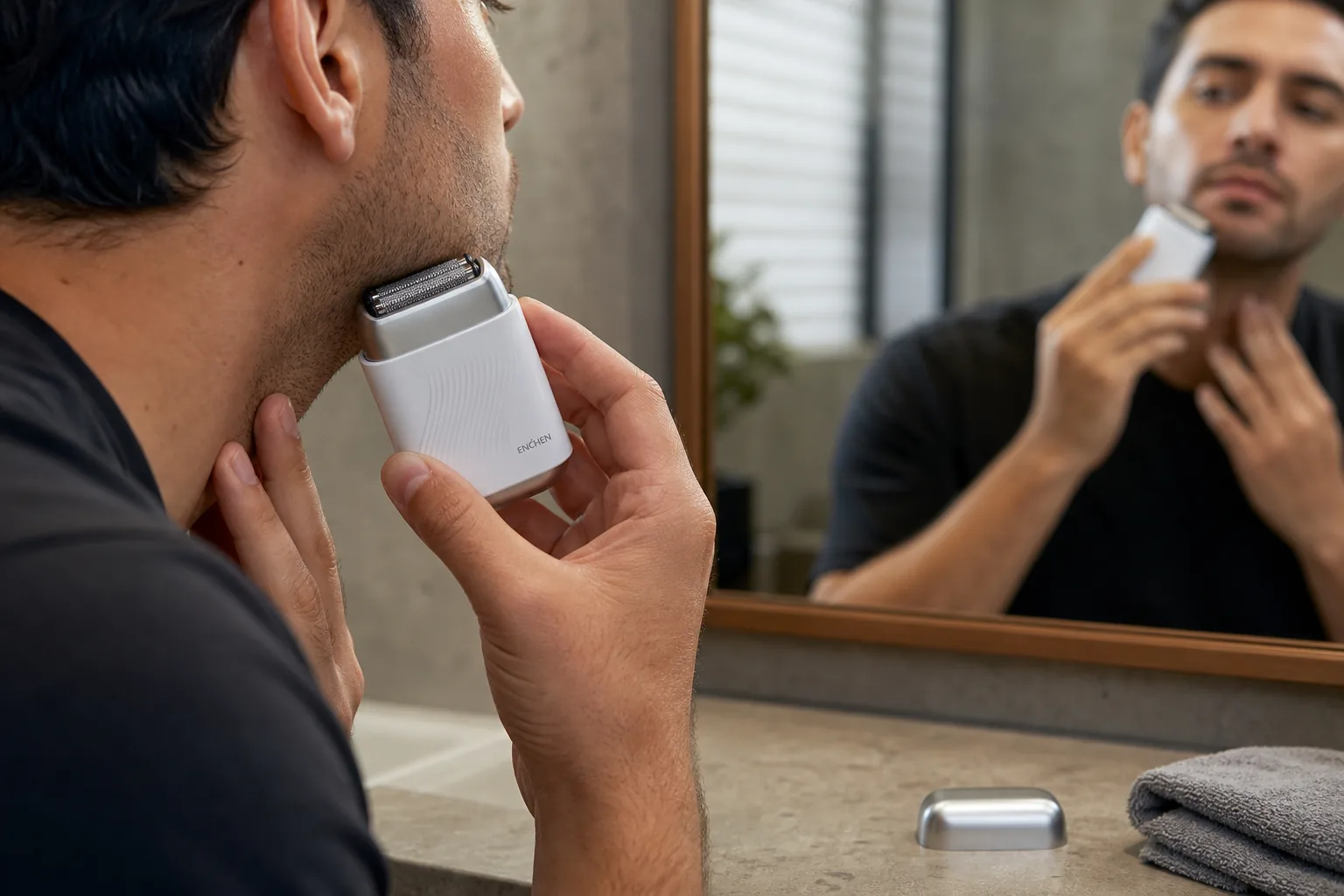 اصلاح ته‌ریش خط فک با مینی ریش‌تراش سفید ENCHEN MS006 و هد فویلی سه‌قسمتی