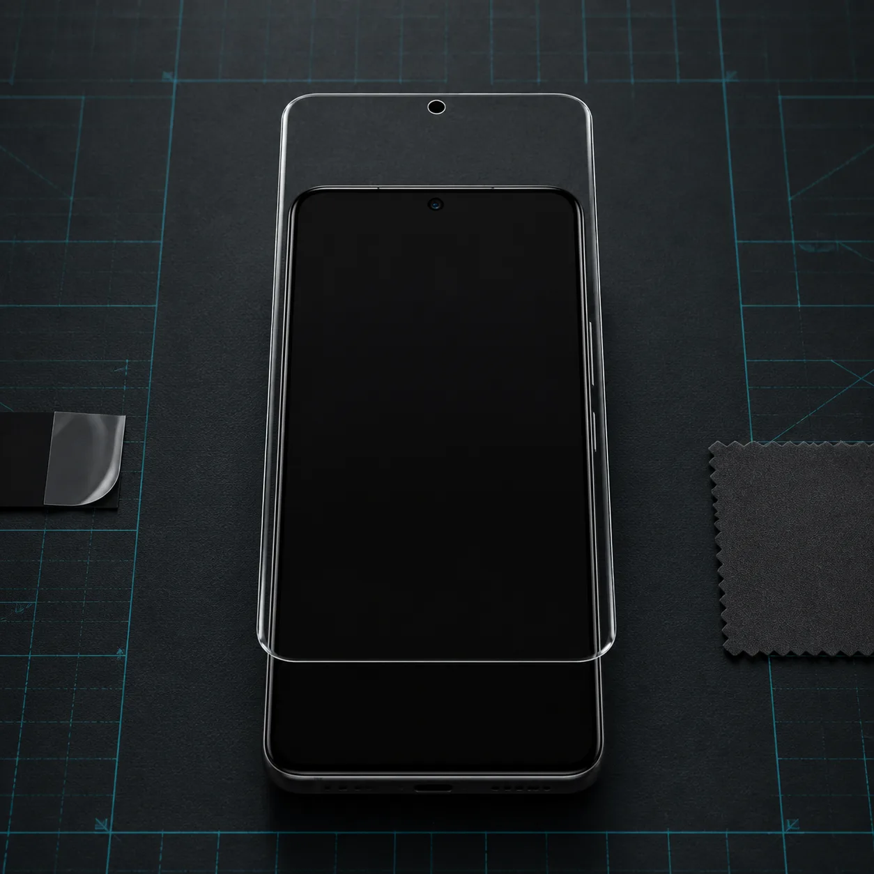گلس شفاف Horo در حال هم‌ترازی بالای نمایشگر POCO X6 Pro روی میز نصب