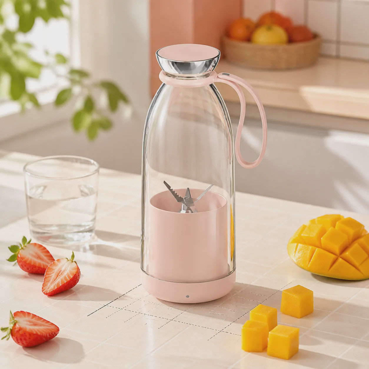 آمادهسازی نوشیدنی با Fruit Blender 500ml مخلوطکن شارژی صورتی Fruit Blender کنار توتفرنگی، انبه و آب