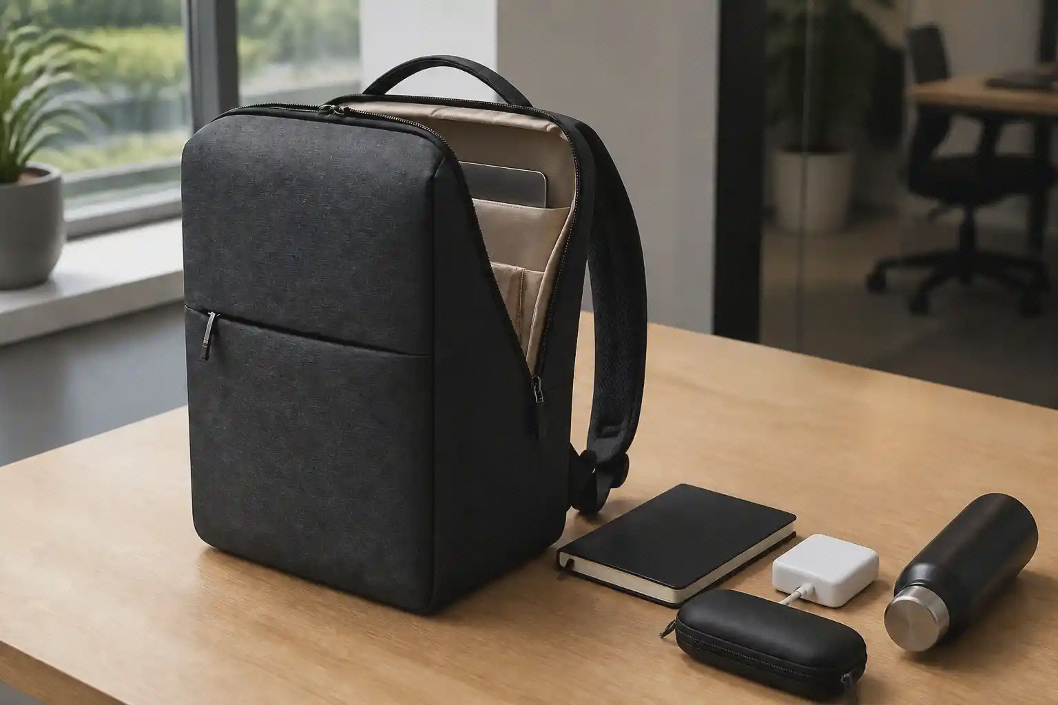 کوله لپ‌تاپ خاکستری Xiaomi City Backpack 2 مدل DSBB03RM با محفظه باز و وسایل روزانه روی میز کار