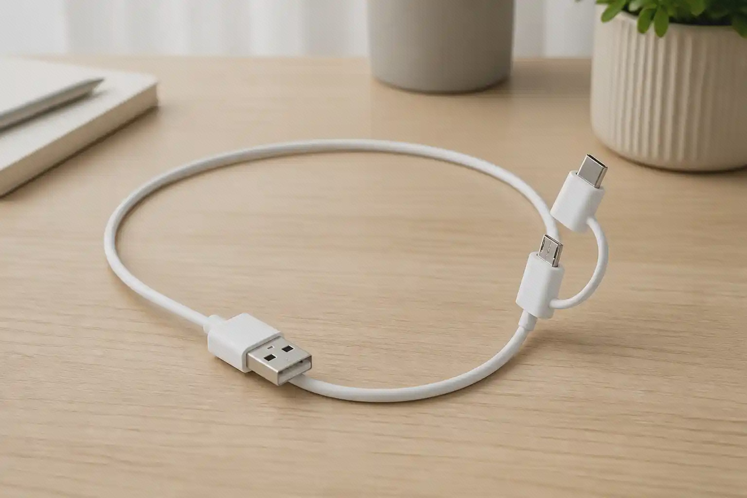 کابل سفید یک‌متری ZMI AL501 با USB-A، سر Micro-USB و آداپتور USB-C متصل با بند کوتاه