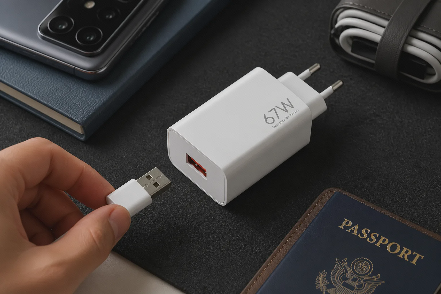 آداپتور سفید شیائومی MDY-15-ET با پورت USB-A قرمز و کابل جدا روی میز سفر