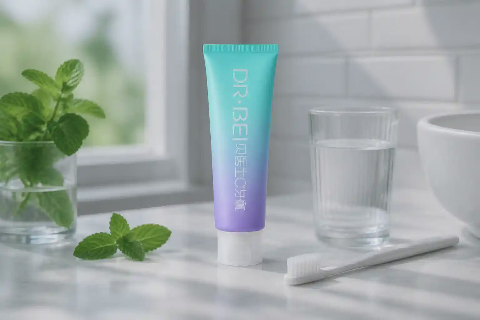 تیوب خمیردندان DR.BEI Ice Mint در کنار مسواک و لیوان آب