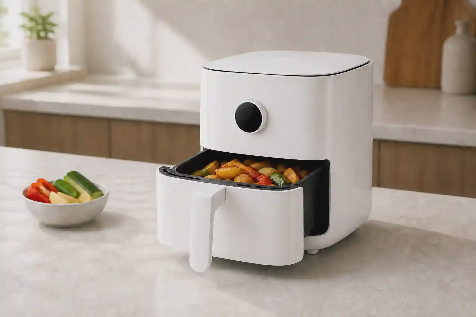هواپز سفید شیائومی Xiaomi Smart Air Fryer 4.5L مدل MAF14 با سبد نیمه‌باز و سبزیجات روی کانتر آشپزخانه