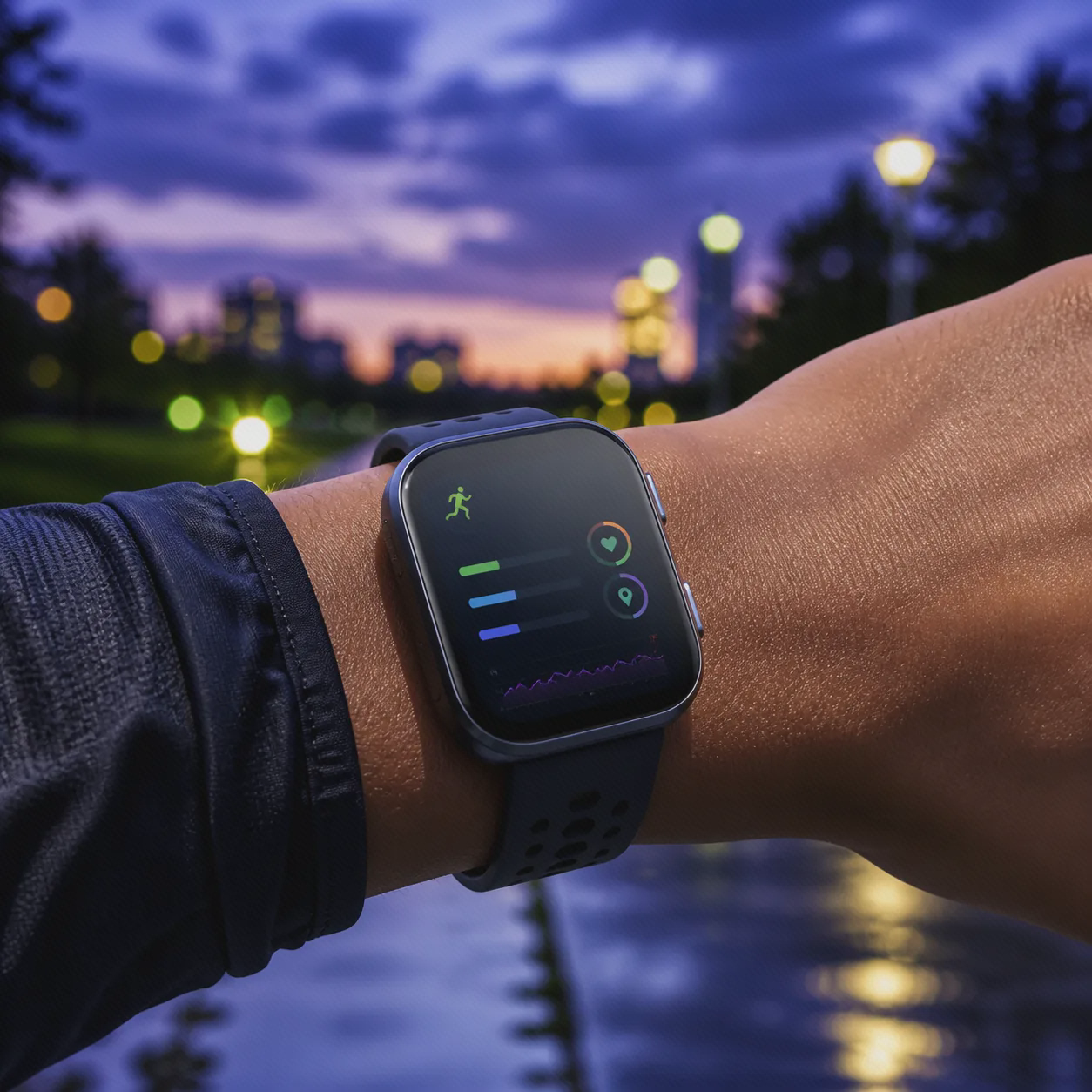 ساعت هوشمند Amazfit Bip 6 با نمایشگر AMOLED ساعت Amazfit Bip 6 مشکی روی مچ دونده در فضای باز هنگام غروب