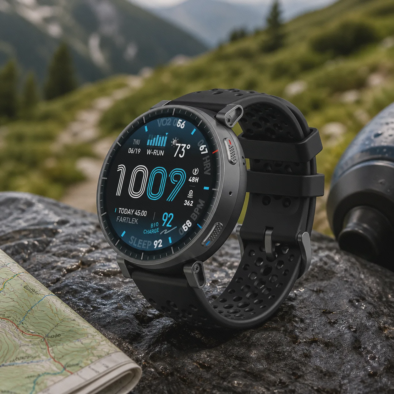 نمای ورزشی ساعت Amazfit Active Max ساعت هوشمند Amazfit Active Max مشکی با بند مشبک کنار مسیر کوهستانی
