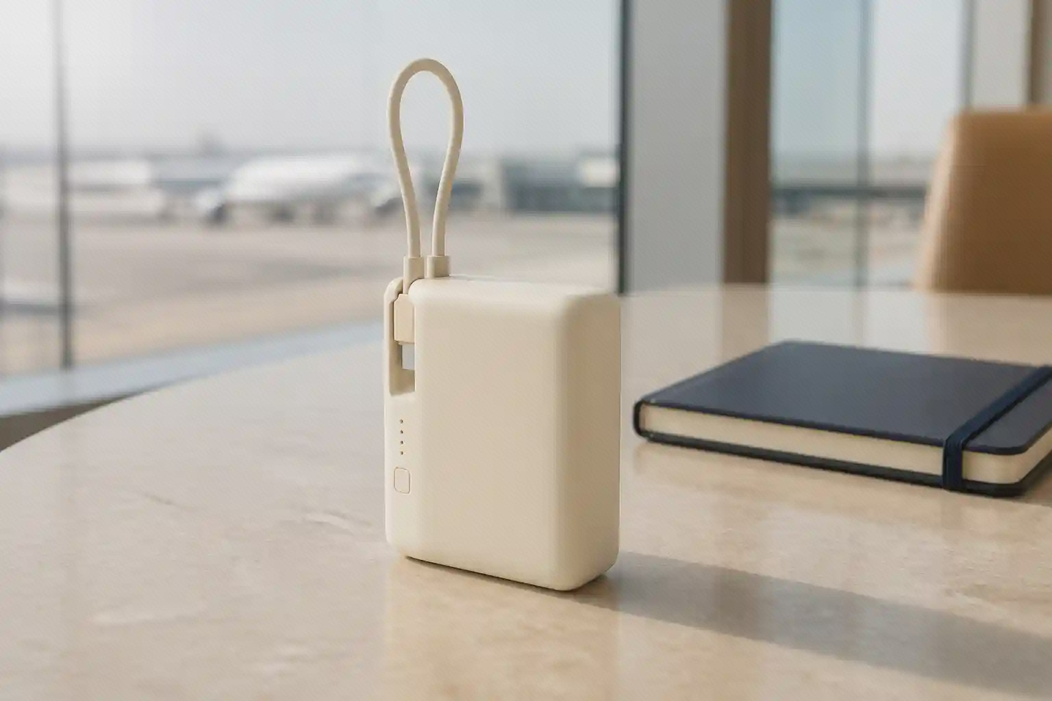 پاوربانک کرم Xiaomi PB1033MI با کابل USB-C یکپارچه حلقه‌شده روی میز فرودگاه