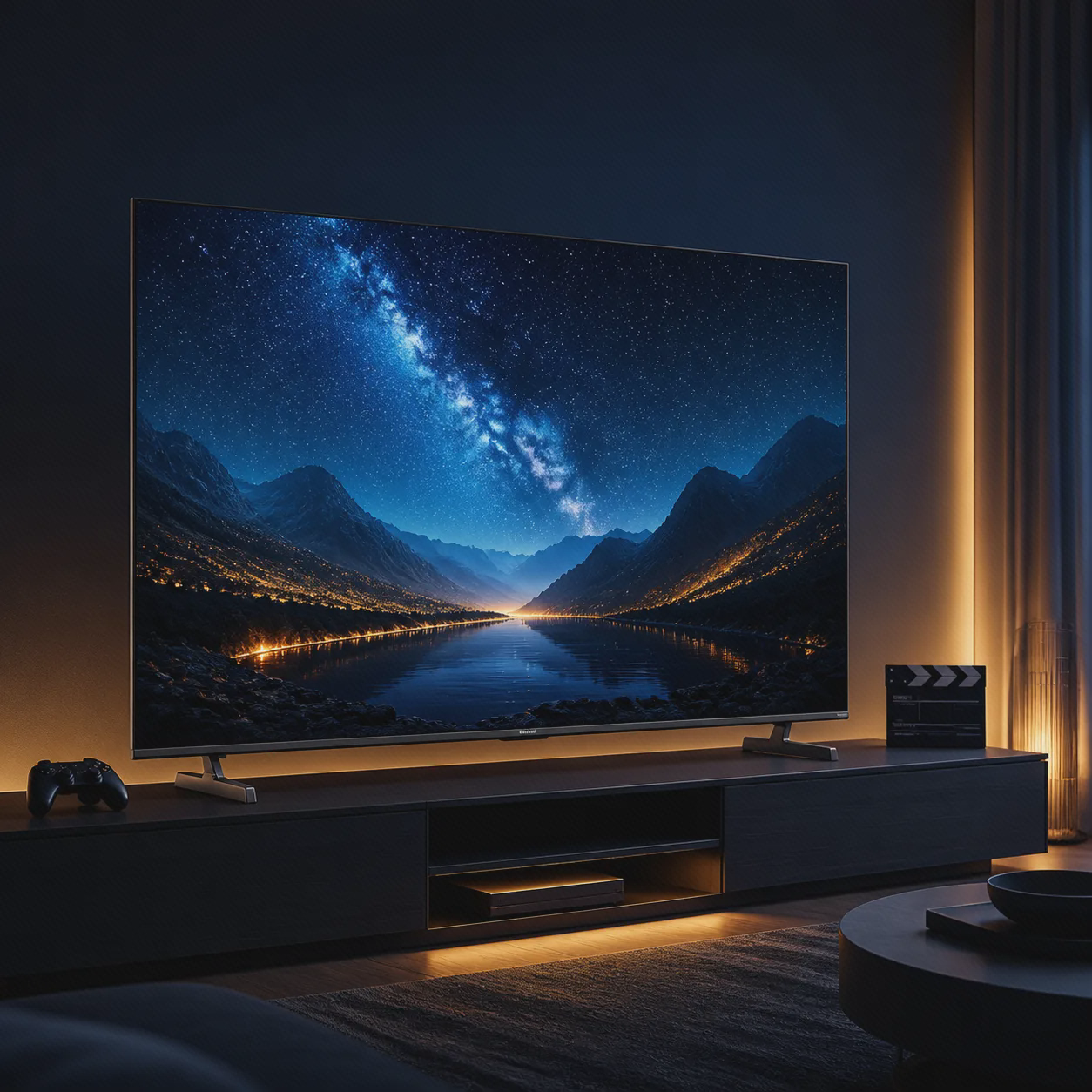 تلویزیون شیائومی S Pro Mini LED 55 مدل 2026 در نشیمن سینمایی با تصویر شب پرکنتراست