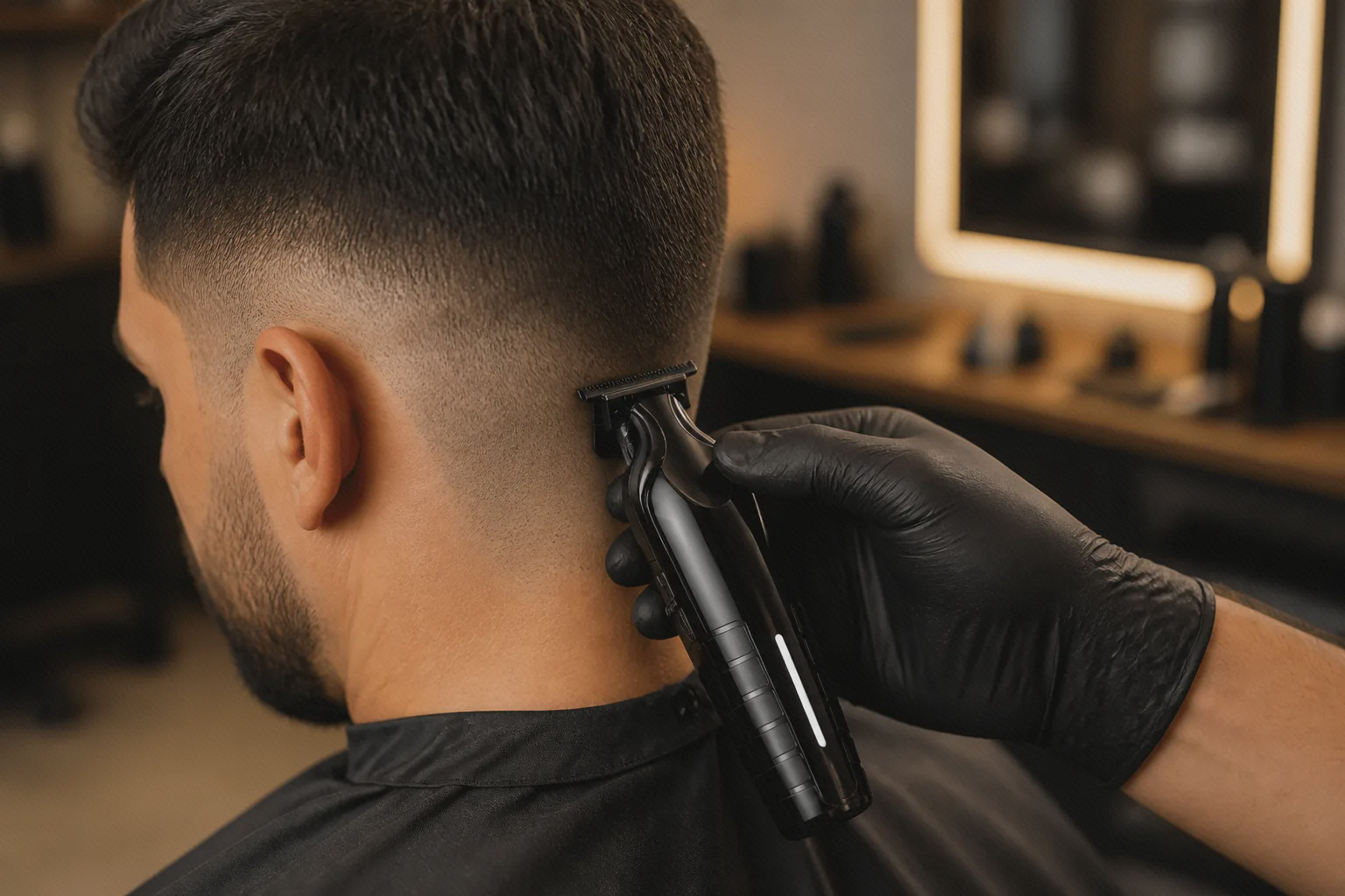 آرایشگر در حال مرتب کردن خط گردن با ماشین اصلاح مشکی Enchen Sharp 6