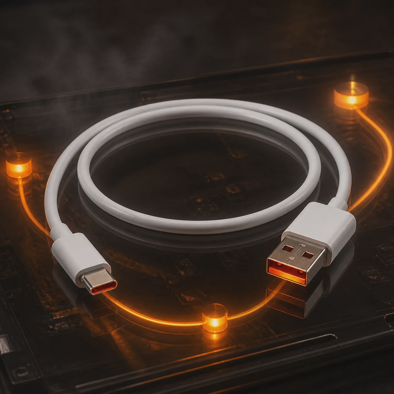 کابل سفید USB-A به USB-C شیائومی با سوکت نارنجی روی میز عیب‌یابی