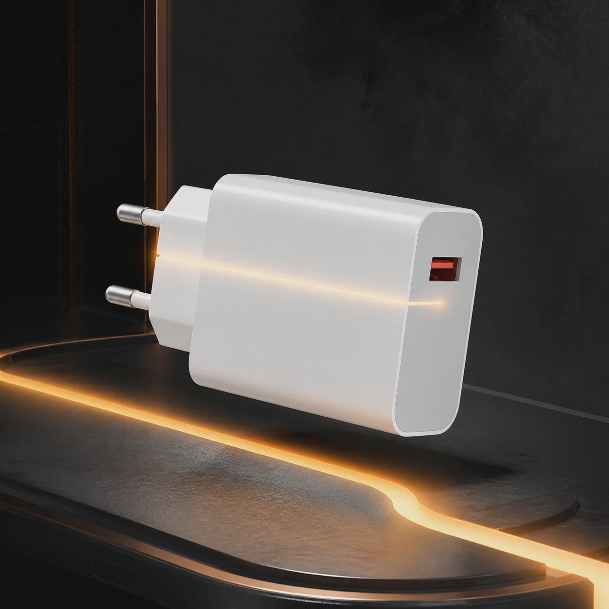 آداپتور سفید 45 وات شیائومی با درگاه قرمز USB-A روی مسیر نور نارنجی