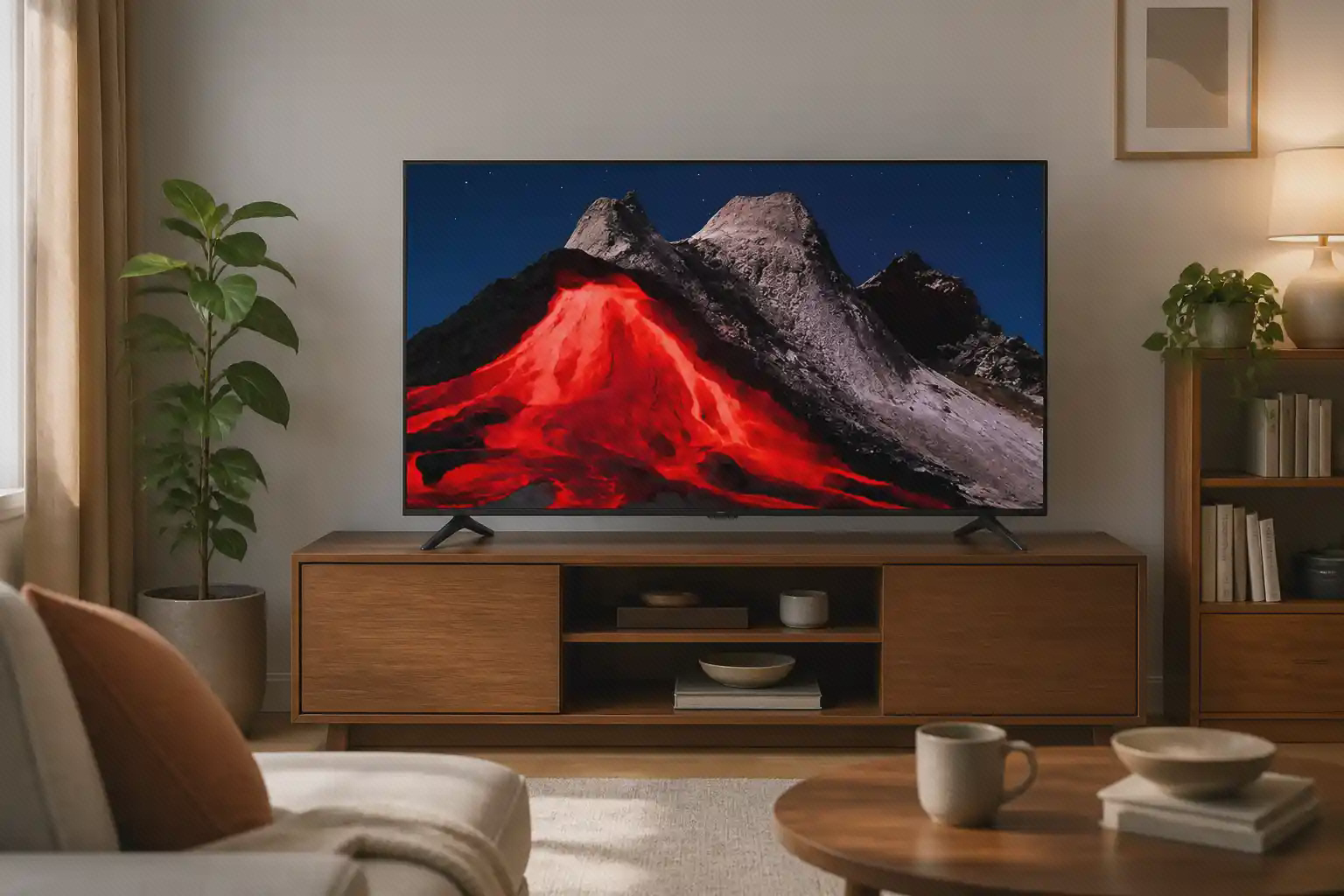 تلویزیون ۴۳ اینچ Xiaomi TV A Pro 2026 سالم روی دو پایه در نشیمن جمع‌وجور